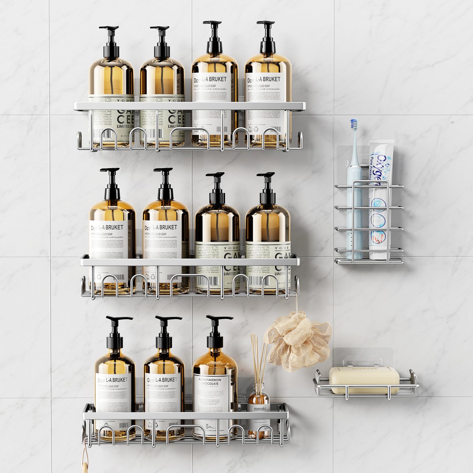 Photo 1 of Deyhoc Shower Caddy, 5 Pack Shower Shelves for Inside Bathroom, Rustproof Adhesive Bathroom Organizer with Soap Holder, No Drilling Washroom Organizers and Storage for Bathtub Room/Kitchen, Silver