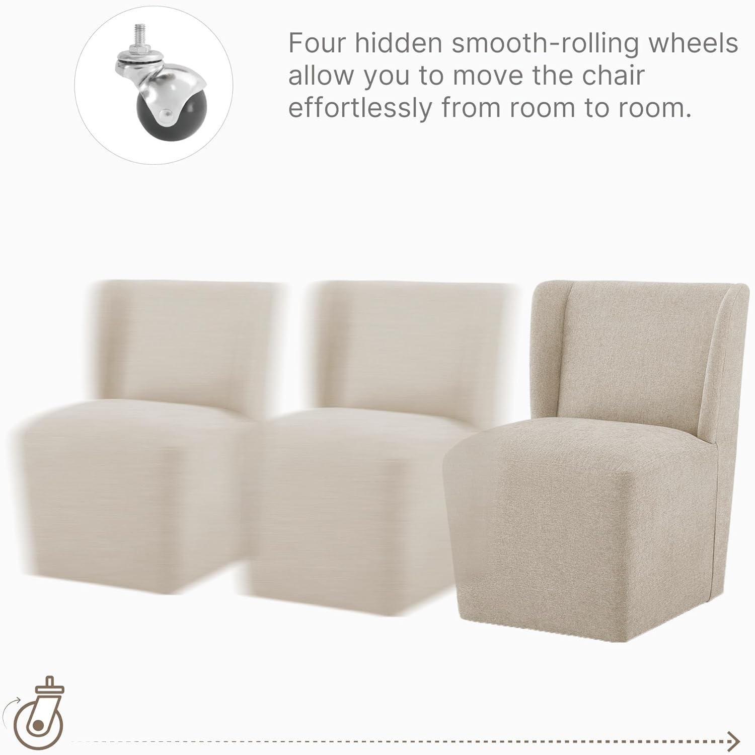 Upholstered Dining Chairs Set of 4 with Casters, Wingback Modern Side Armless Deskchair with Rollers for Diningroom Bedroom Livingroom Reading Room, Sand Fabric - Image 4