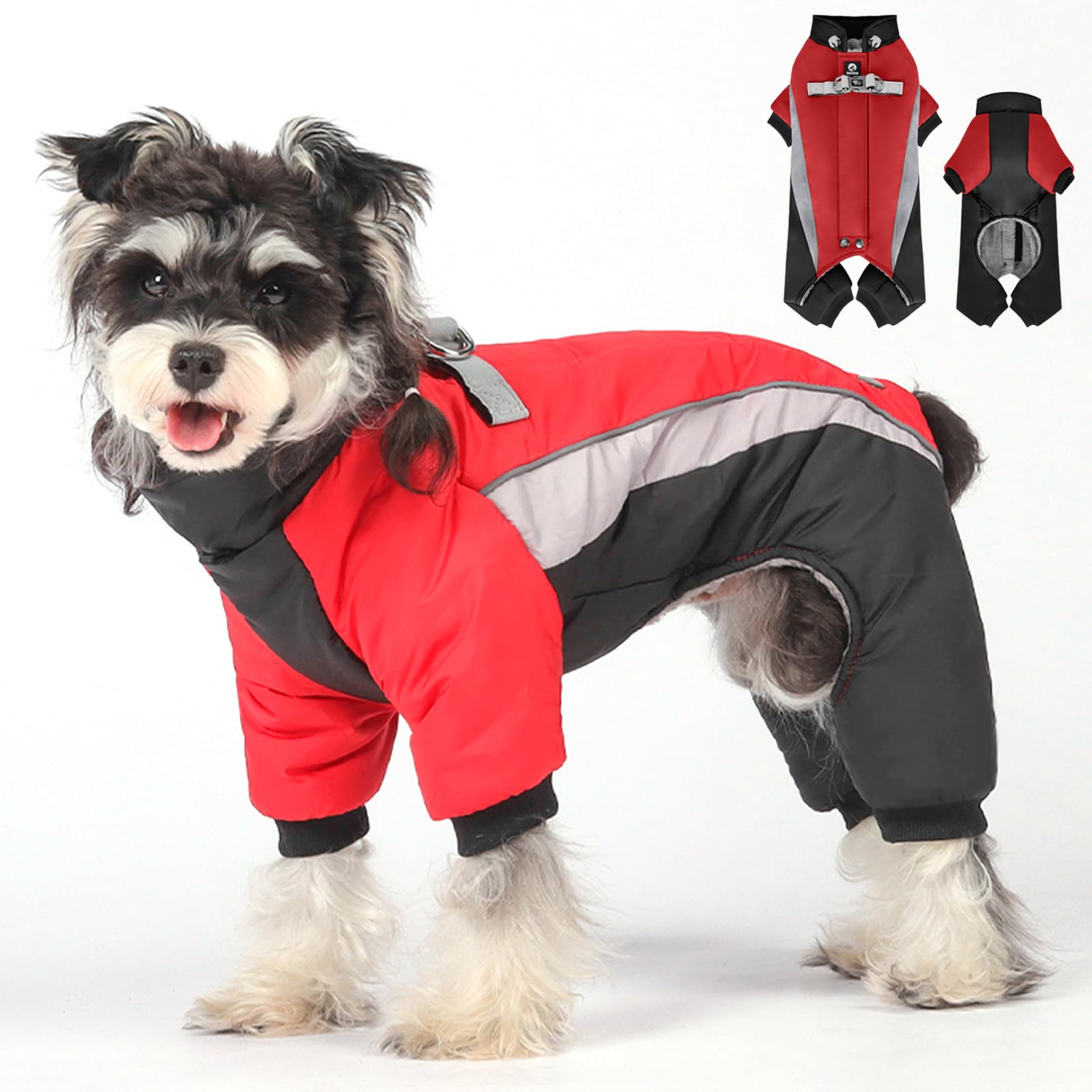 Duuclume Dog Winter Coat Pet Warm Jacket,Adjustable Waterproof 4 Legs Pet Jumpsuit with D-ring & Reflective Strips for Small to Large Dogs (Black-Red, XL)