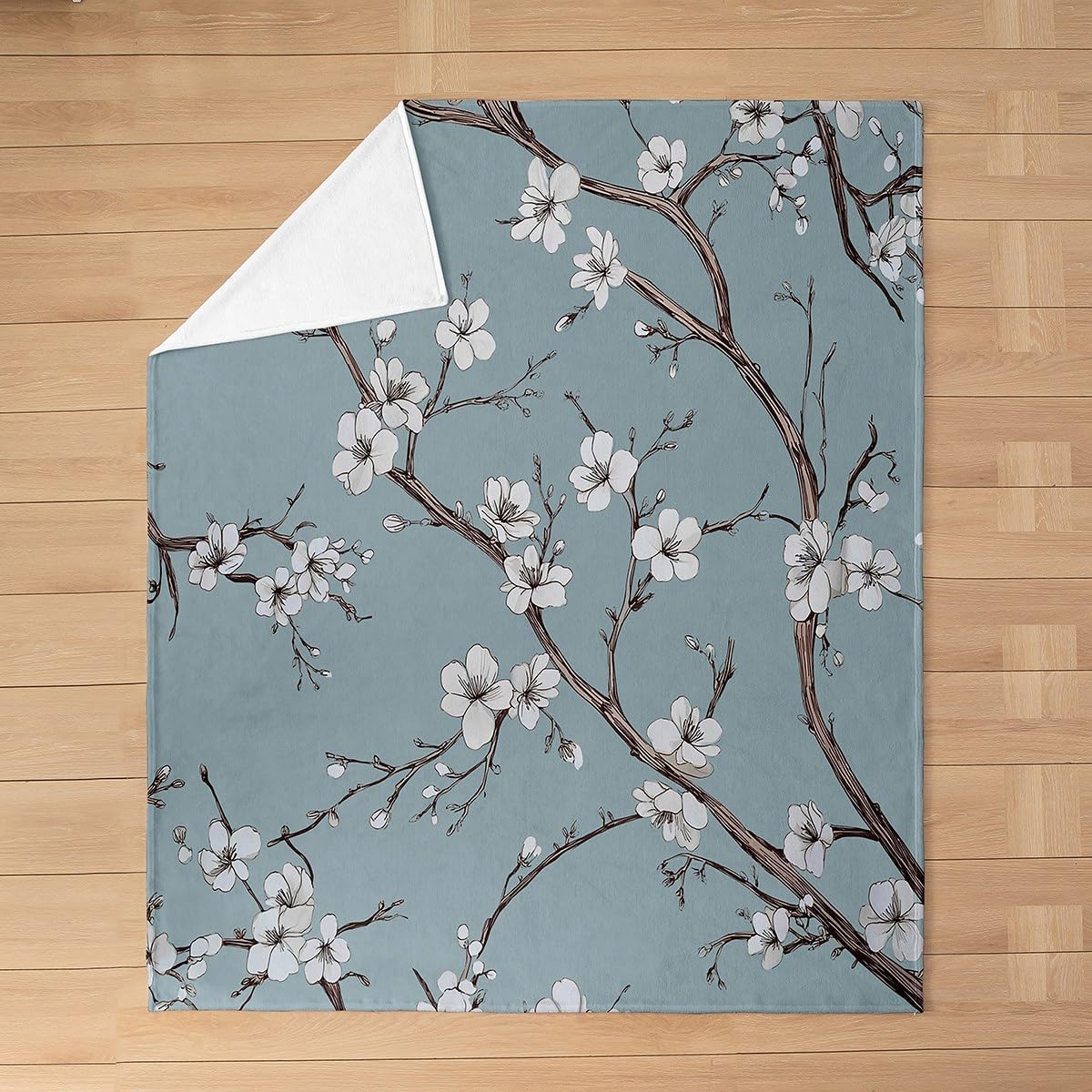 Erosebridal Cherry Blossom Throw Blanket Queen 90x90,Chinoiserie Chic Style Fleece Flannel Blanket,Elegant Floral Branches Style for Girls,Spring Garden Flowers Plum Decor,Grayish Blue