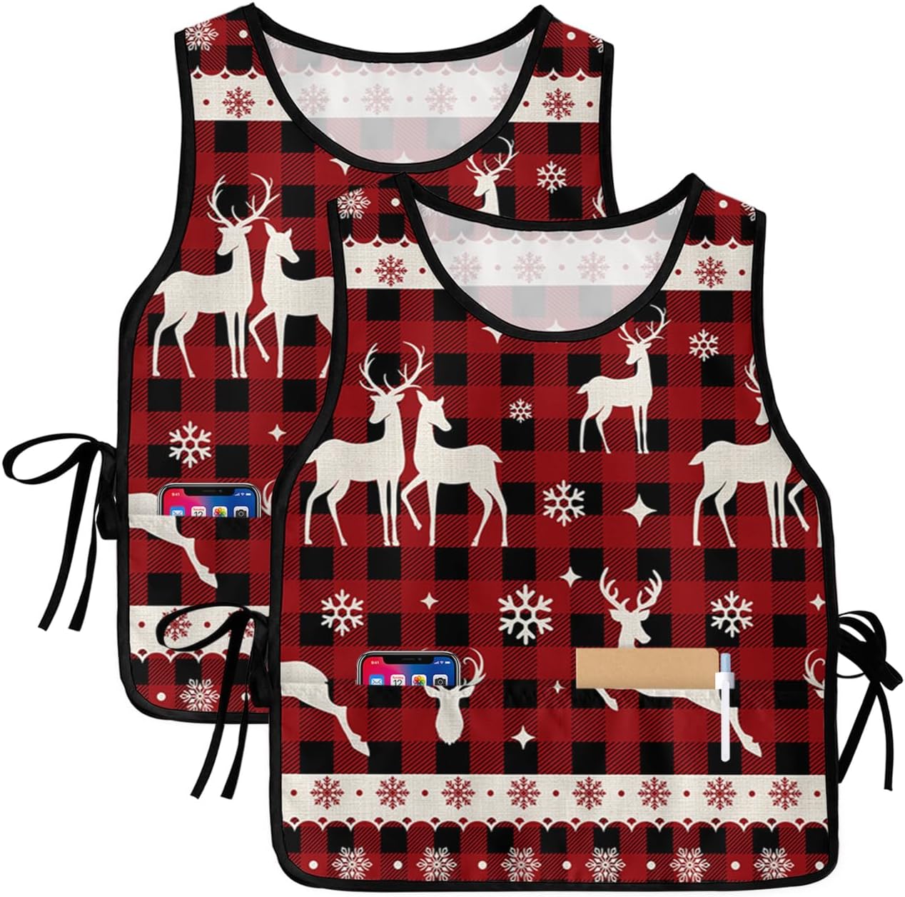 Christmas Deer Cobbler Aprons with 2 Pockets for Women Men,Fashionable Printed Unisex Bib Waterproof Cleaning Smock Vest for Chef Kitchen Reindeer Winter Xmas Snowflake Plaid Red 2 Packs,20''x 31.5''