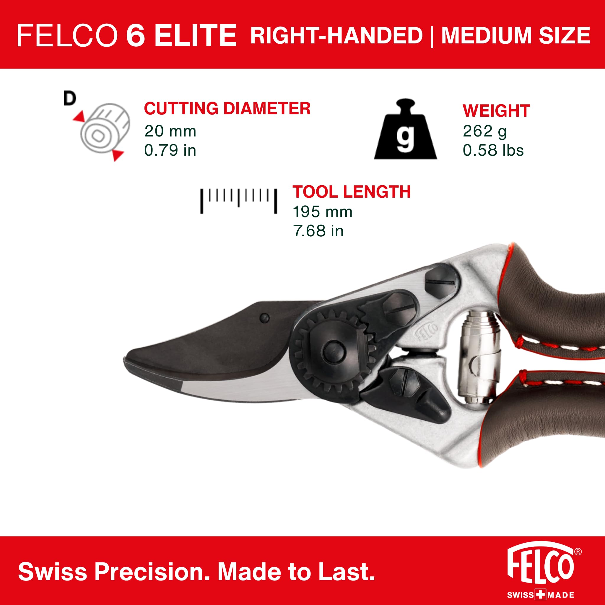 FELCO 6 Elite tijeras de podar para diestros, manos medianas, 20 mm | Versión Elite con mangos de piel suave y cuchilla F-Tech negra, para un agarre elegante y duradero. Swiss Made.
