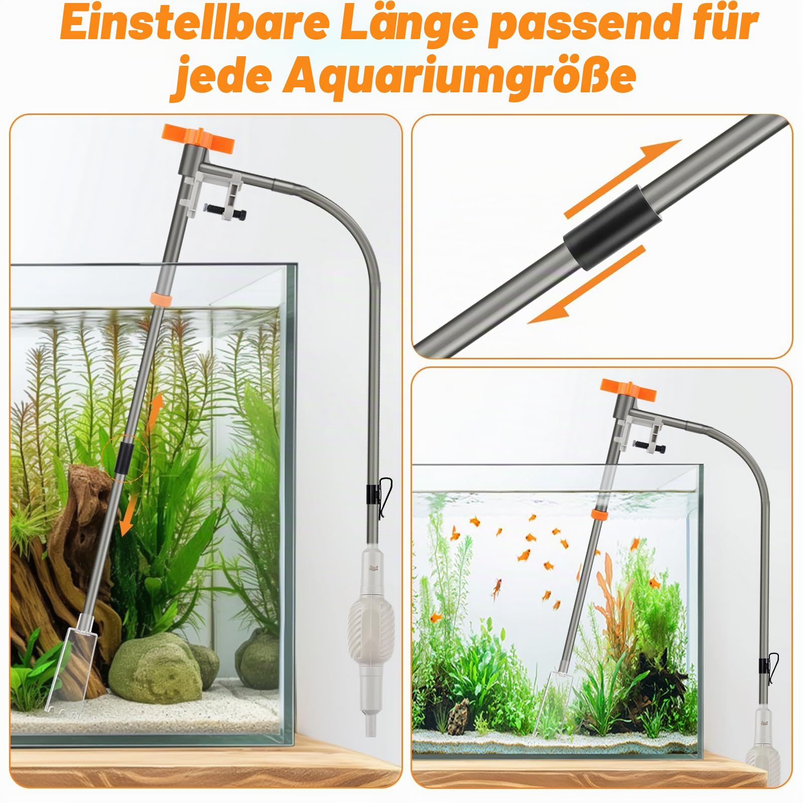 AQQA Mulmsauger Aquarium, Aquarium Sauger Bodengrund Reinigen, 3-in-1 Aquarium Reiniger mit Einstellbarer Wasserdurchfluss, Manueller Wasserwechsel und Sandreinigung (AQ177-M)