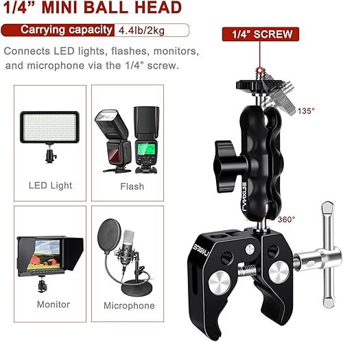 Miniatura 8 de Abrazadera de micrófono de montaje para micrófono con brazo mágico de cabeza esférica - Compatible con micrófonos - Carga máxima de 4.4 libras / 4.4