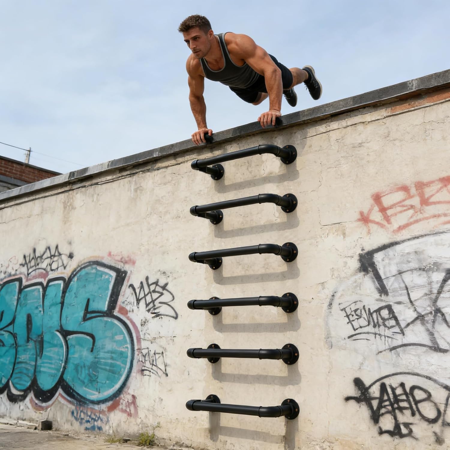 Wall Mounted Ladder, 1 Rung Steel Step - 6 Pack for Emergency Escape & Loft Access | 700LB Capacity, All-Weather Black Finish, with Expansion Bolts for Indoor/Outdoor