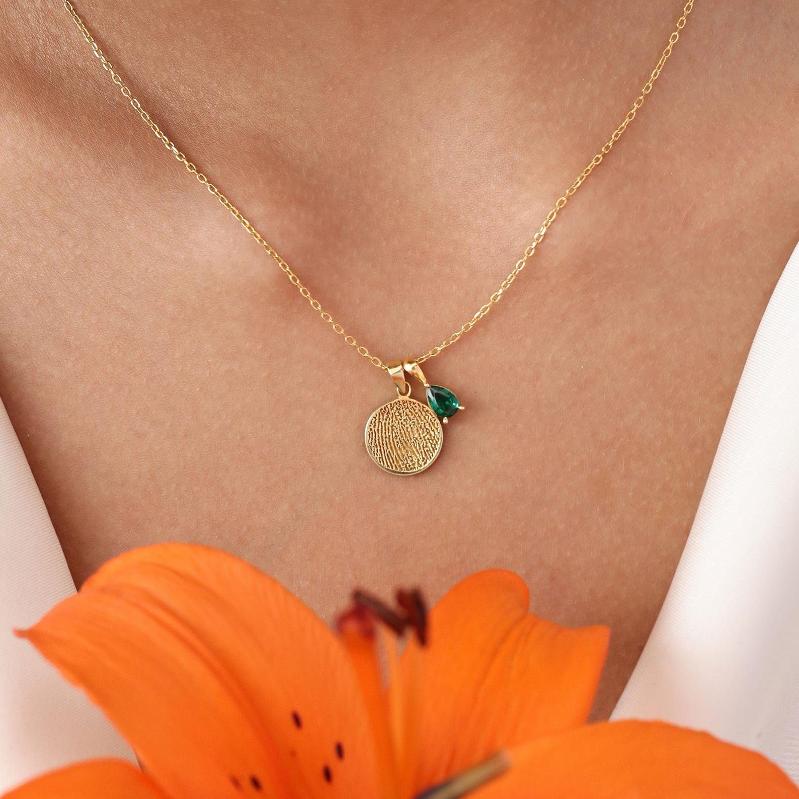 Collar con dije circular y huella dactilar y piedra de nacimiento | Collar circular con huella dactilar real | Día de la Madre - Navidad