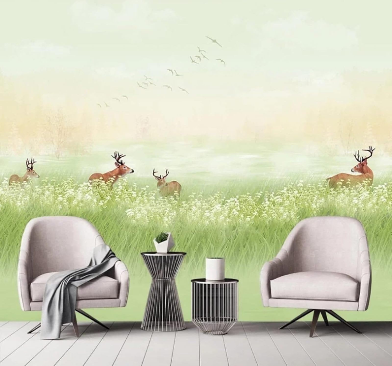 XLMING Fresh Green Grassland Sika Deer Landscape 3D Wallpaper Luxury Home Dining Decor Paste Sofa Living Room The Wall for Bedroom Mural-400cm×280cm