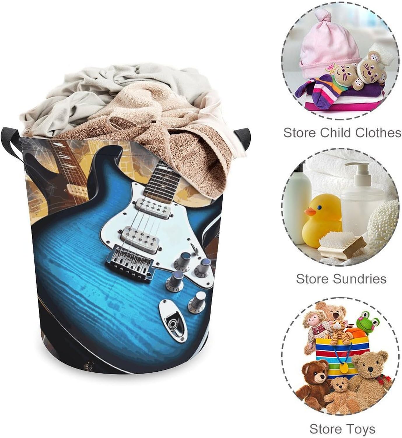 Magic Electric Guitar Music Large Foldable Laundry Basket Waterproof Lightweight Laundry Hamper Storage Bin Clothes Toys Organizer Bag with Handles for Home Bathroom Bedroom Dorm image 3