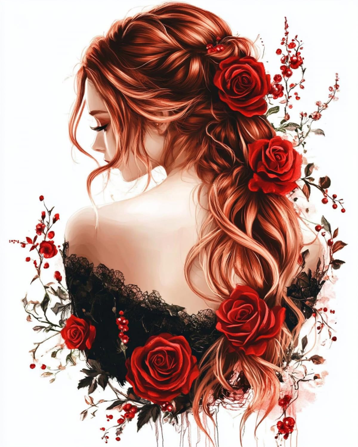 9CT Diy Juego De Bordado Con Cuentas Chica De Dibujos Animados De Espaldas Y Rosas Rojas Kit De Bordado De Cuentas Para Principiantes,Juego De Costura,Patrón Preimpreso,Decoración De Pared 50x60cm