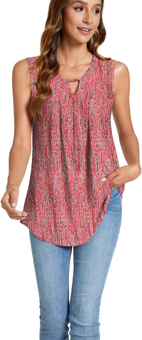 SUNNEGOO Womens Summer Tank Tops Sleeveless Cute Loose Fit Dressy Casual Flowy Blouses Printed Pleated Shirt Trendy Tunic - Image 2