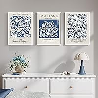 Cuspin Framed Blue Matisse Wall Art - 3 Piece 12x16 Inch Botanical Canvas Prints, Vintage William Morris Inspired for Bedroom Living Room Decor