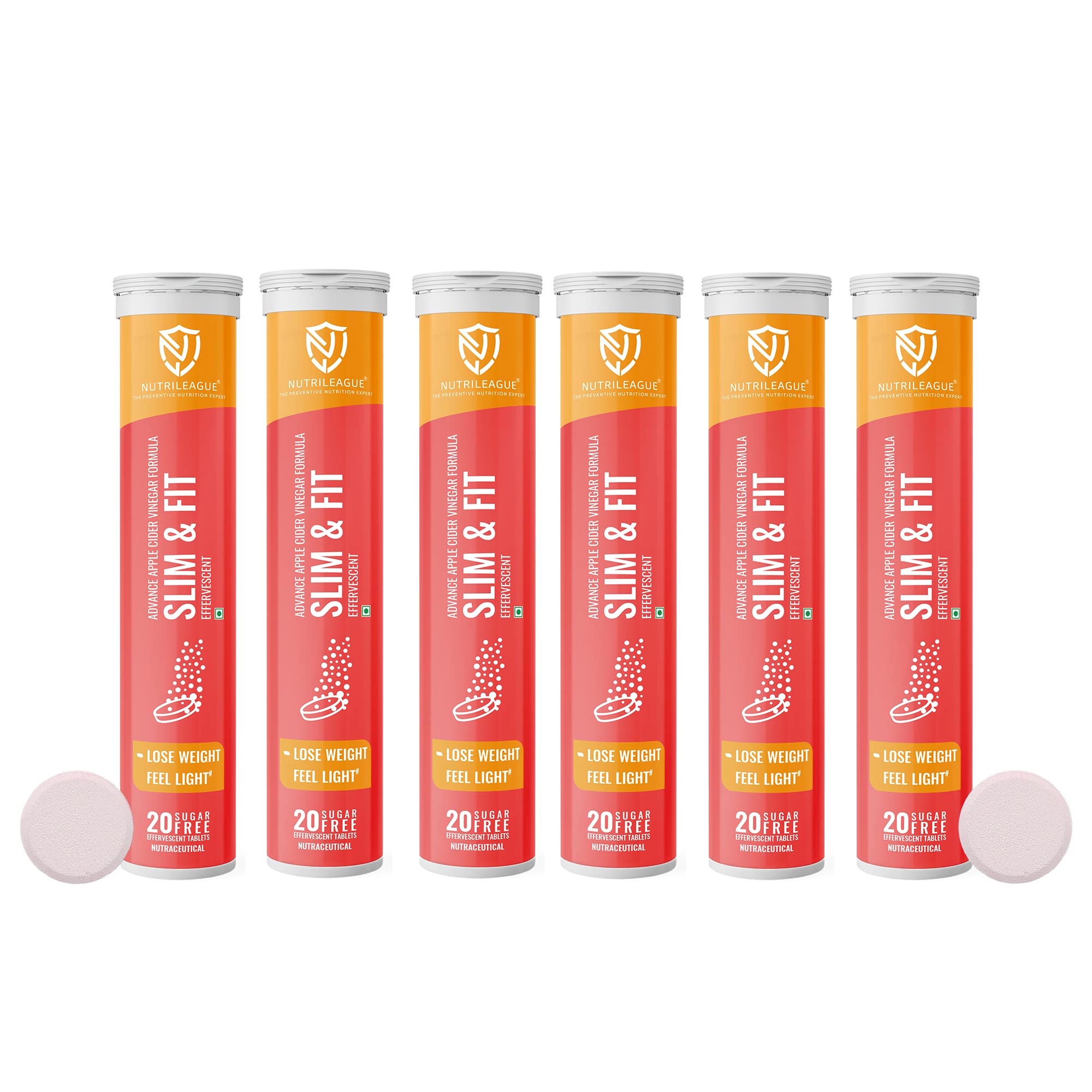 Nutrileague Slim-Mate (Slim & Fit) Effervescent Tablet | Apple Cider Vinegar with Mother (ACV) | 20 Tabs Each | Apple Flavour | Sugar-Free | Vegan | Garcinia Cambogia, Pomegranate, Green Tea & Vitamin C, B6, B12