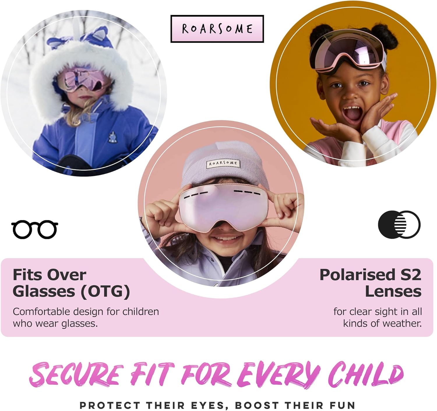 Roarsome Kids Ski Goggles – Anti-Fog Snowboard Goggles with UV Protection, OTG Design, and Adjustable Strap for Boys & Girls