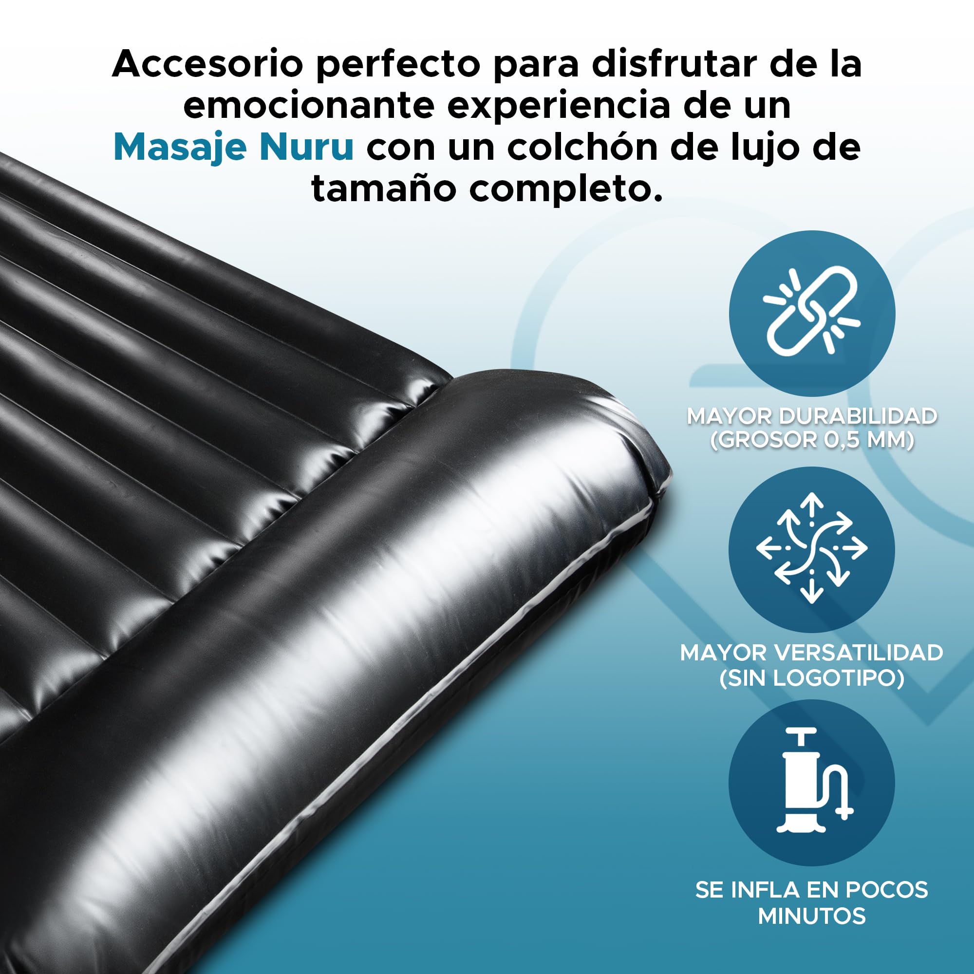 EROTICGEL Colchón de Aire Inflable para Masaje Nuru | PVC Negro Duradero e Impermeable | 232cm x 125cm x 15cm | Protección contra Aceite, Productos a Base de Agua y de Silicona