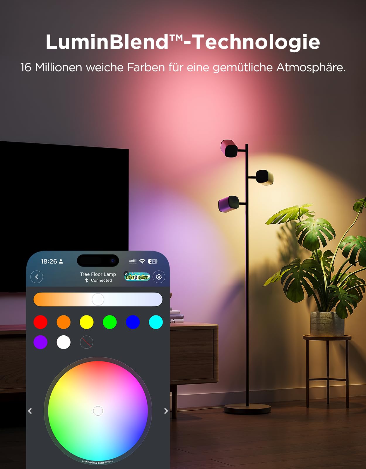 Govee 3-Flammen LED Stehlampe, RGBWW Fokus-Verstellbar, 1500lm, Matter Alexa Kompatibel, 64+ Szenen, Musik Sync, 157cm, Schwarz