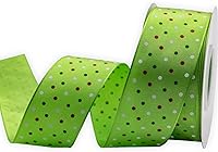 Vista 2 de Cinta de borde con alambre de múltiples lunares, carrete de 1-1/2 pulgadas, 10 metros (32.8 ft), verde con puntos de Navidad, uso para envolver