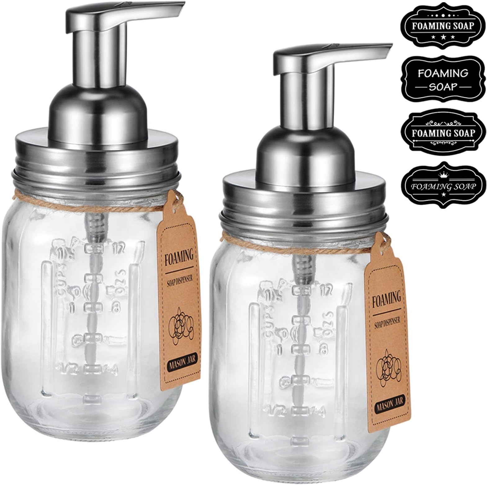 Mason Jar Foaming Soap Dispenser -Rustproof Stainless Steel Lid/BPA Free Foam Pump-Waterproof Chalkboard Labels-Farmhouse Decor Bathroom Accessories,Refillable &Eco Friendly -Brushed Nickel (2 Pack)