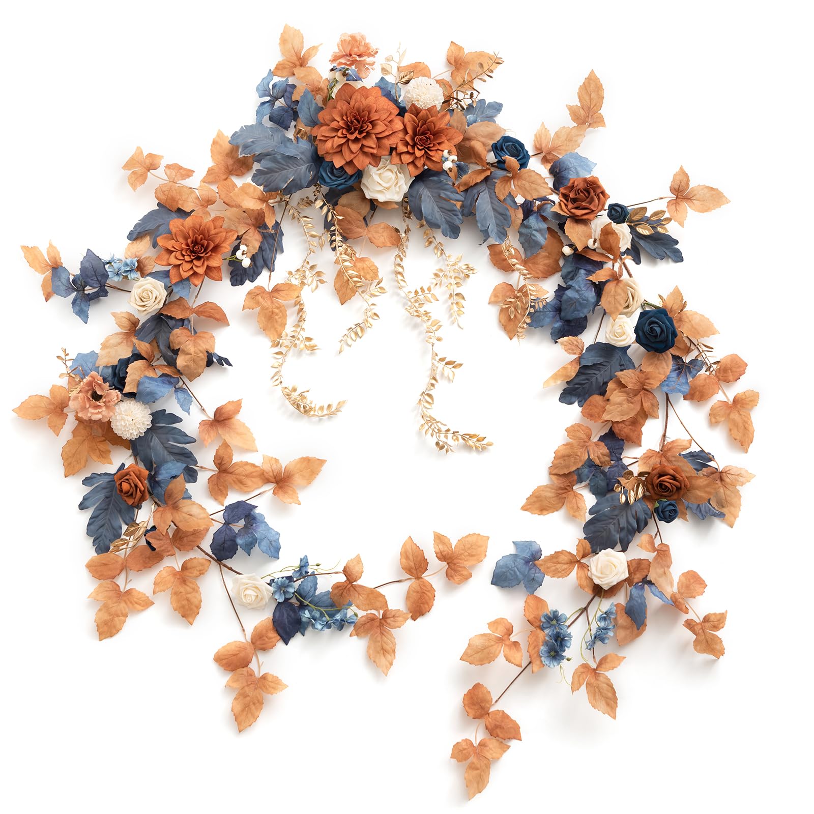 Photo 1 of Ling's moment 9FT Eucalyptus & Willow Leaf Garland with White Flower, Handcrafted Wedding Sweetheart Table Centerpieces Head Table Decor Arch Backdrop Decorations for Wedding | Burnt Orange & Denim