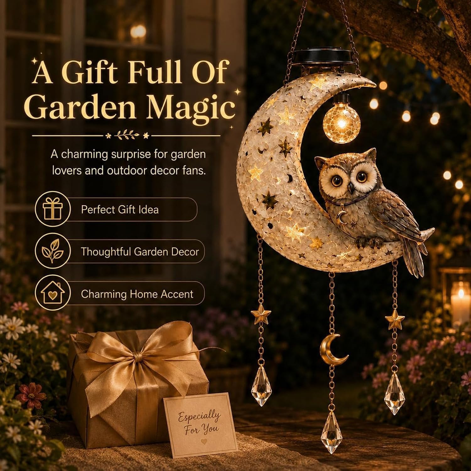 Gufo luna crescente luci solari lanterna appendere giardino esterno