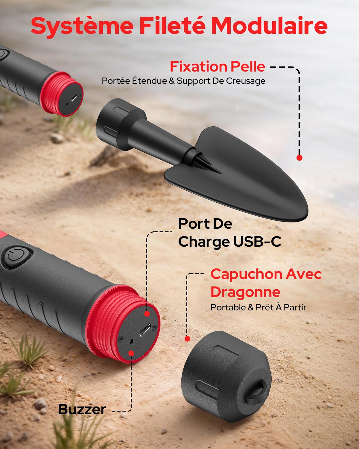 2-en-1 Détecteur de Métaux Pinpointer avec Pelle de Fouille, Détection 360°, Étanche IP68, 3 Niveaux de Sensibilité, Alerte Sonore et Vibration, pour Adultes et Enfants Chasse au Trésor