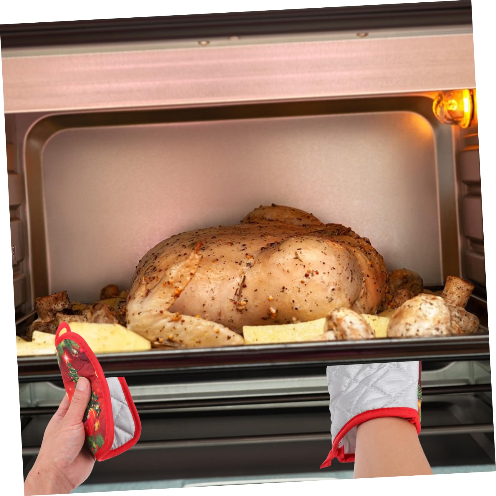 OUNONA Guantes De Cocina Resistentes Al Calor y Antiescaldaduras, Tamaño Estándar, Material Seguro Antideslizante, Unisex, para Horno, Microondas y Barbacoa, Set De 4 Piezas Diseño Navideño Rojo