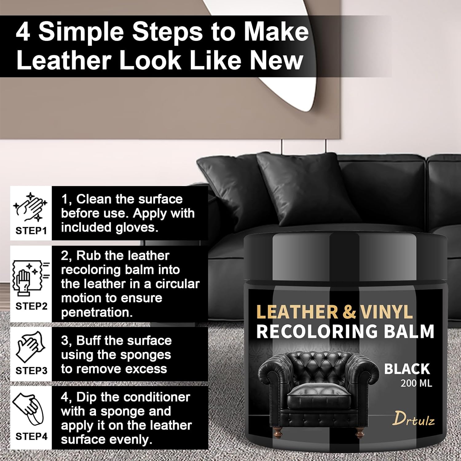Black Leather Recoloring Balm, Leather Repair Kit for Furniture, Leather Scratch Remover, Leather Color Restorer for Couch, Car Seats, Shoes - Repair Leather Dye for Scratched and Faded Leather - Image 5