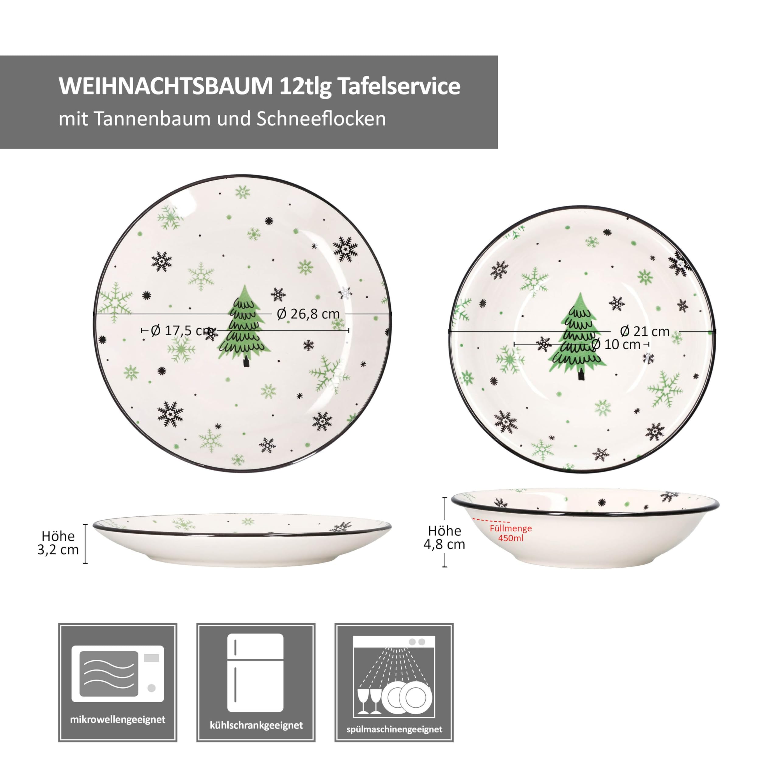 MamboCat Weihnachtsbaum 12tlg Tafelservice I Steingut-Geschirr für 6 Personen mit Tannenbaum & Schneeflocken I 6x flache Speiseteller & 6x tiefe Suppenteller 450ml