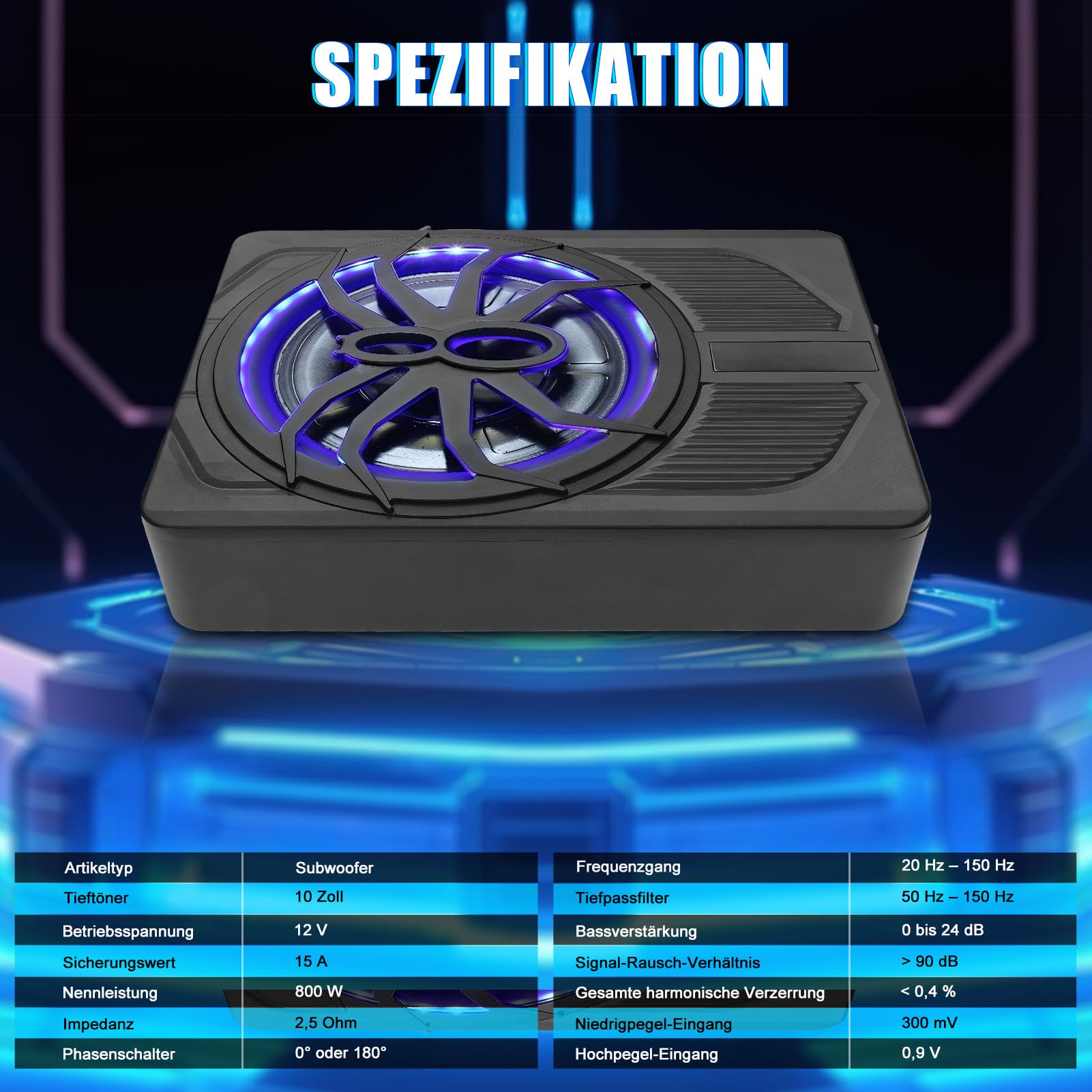 10 Zoll 800W Ultra-Dünner Aktiv-Subwoofer Für Auto/Truck Mit Verstärker, 24dB Starker Bass, Tiefpassfilter 50Hz-150Hz, Controller, Mit Schutzfunktionen, LED Ambiente Licht (Blauem Licht)