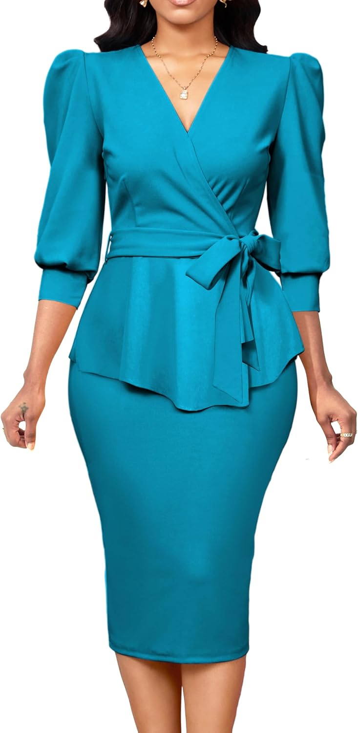 Yiershu Church Dresses for Women 2025 Sexy V-Neck 3/4 Sleeve Peplum Business Dress for Women