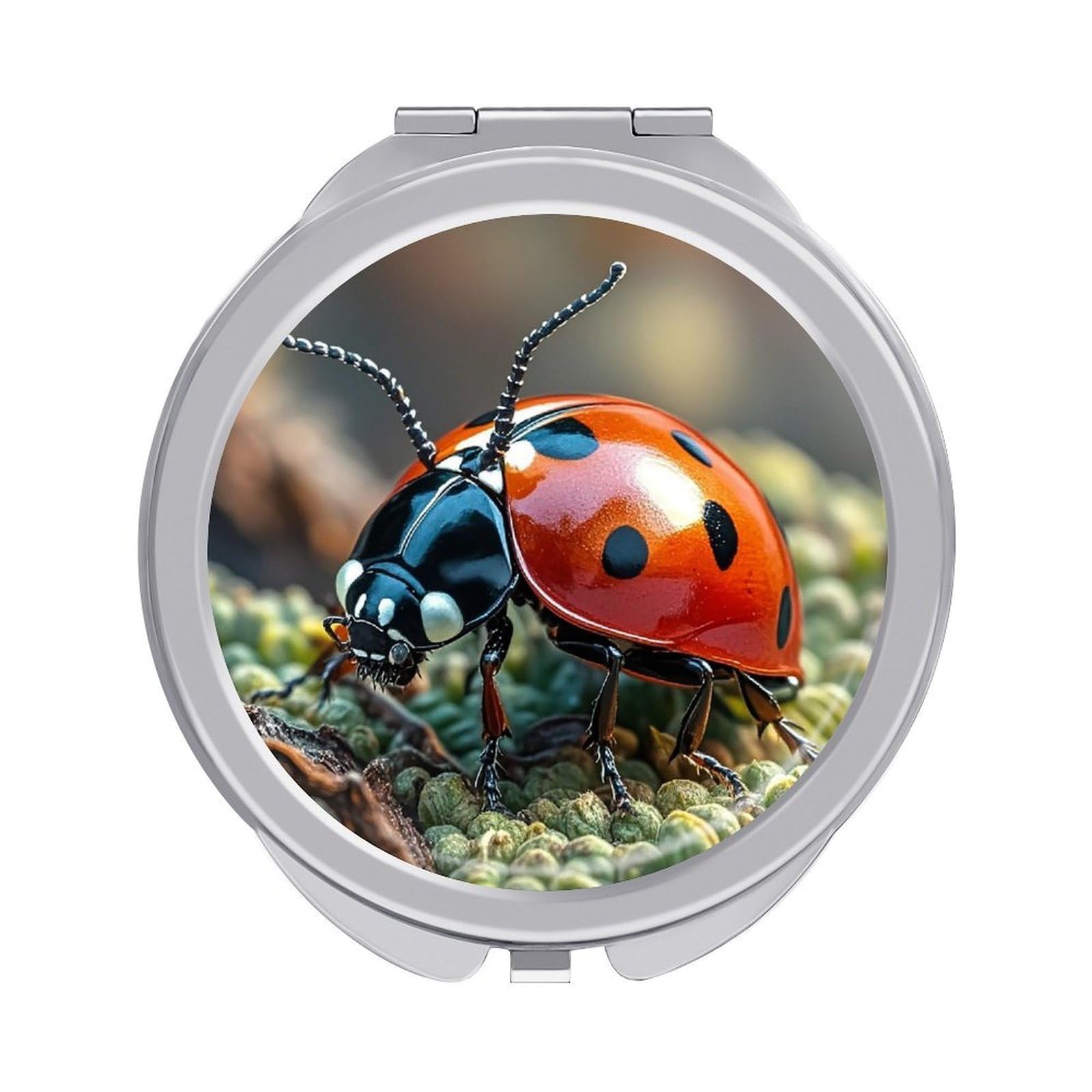 FekiLoot Red Ladybug Travel Makeup Mirror for Women Folding Portable Hand Compact Mirrors Small Round Vanity Mirror 1X/2X Magnifying Metal Pocket Makeup Mirrors