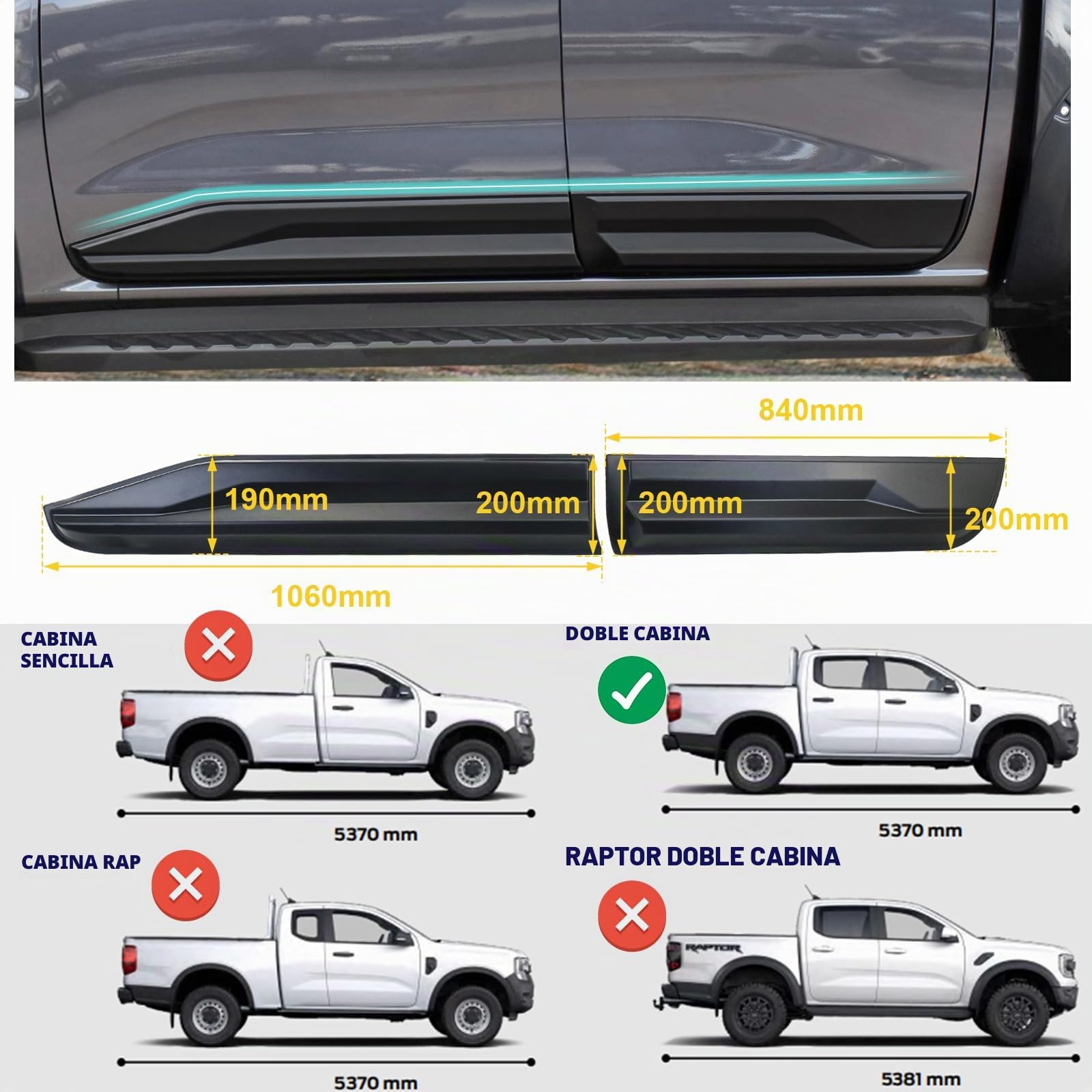 Fenders Molduras Laterales para Ford Ranger T9 2023-2024-2025 Wildtrak XL XLT Limited Platinum ABS Revestimiento de carrocería de Puerta Lateral