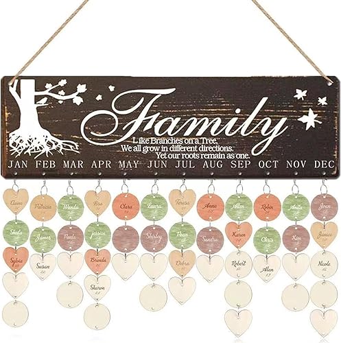 Calendario de cumpleaños familiar, calendario de cumpleaños para colgar en la pared (16 x 5 pulgadas), calendario de madera DIY recordatorio de