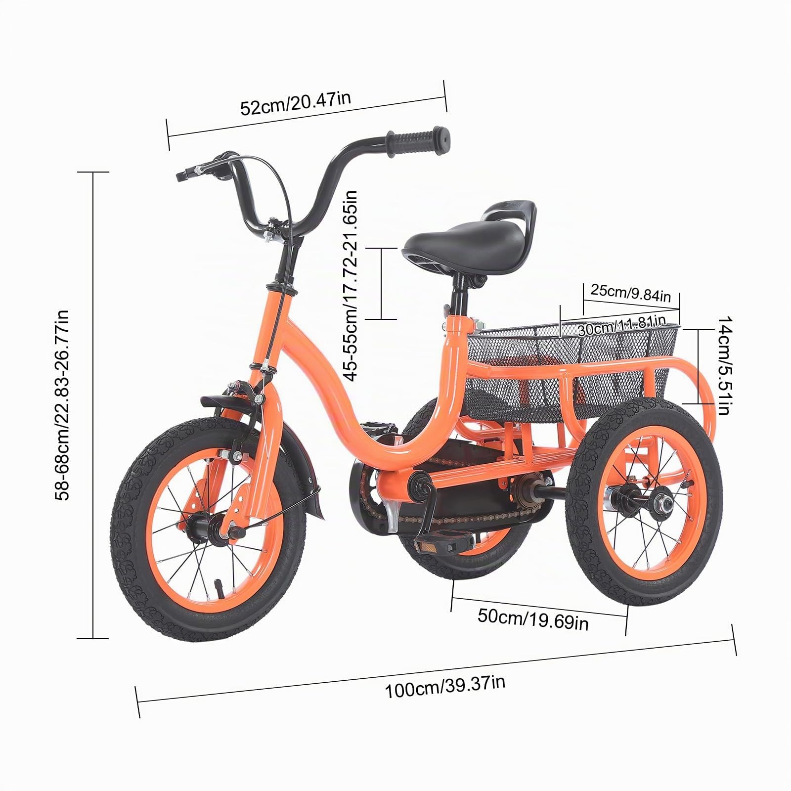 Bicicletta 3 Ruote Monovelocità, Bicicletta 12 pollici, Triciclo Sicuro Arancione, Cestello posteriore, Sella Manubrio Regolabili, Apprendimento Equilibrio Esterno Giardino, Regalo