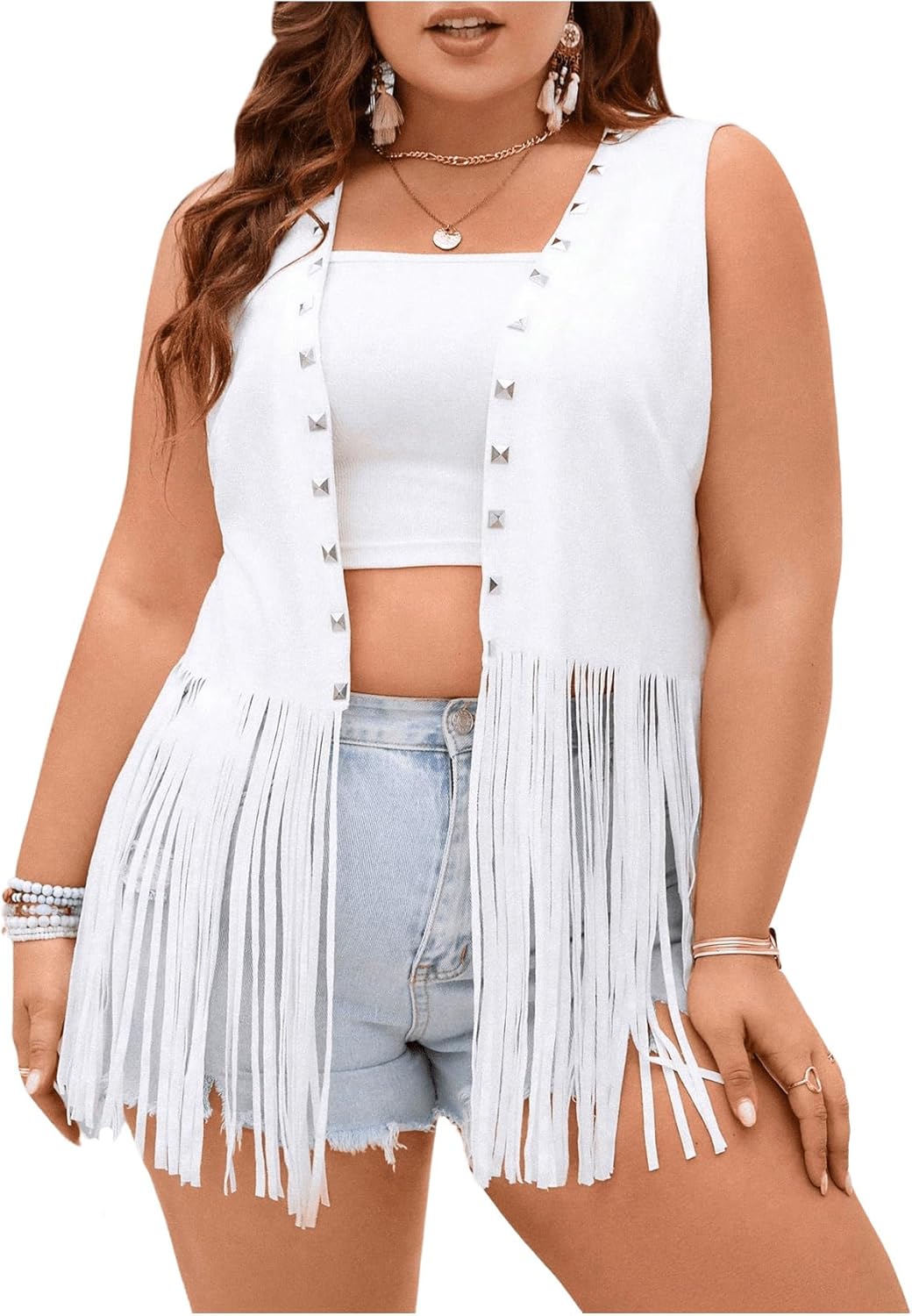 OYOANGLE Women's Plus Size Western Wear Cowgirl Outfits Fringe Trim Open Front Sleeveless Faux Suede Vest Jacket