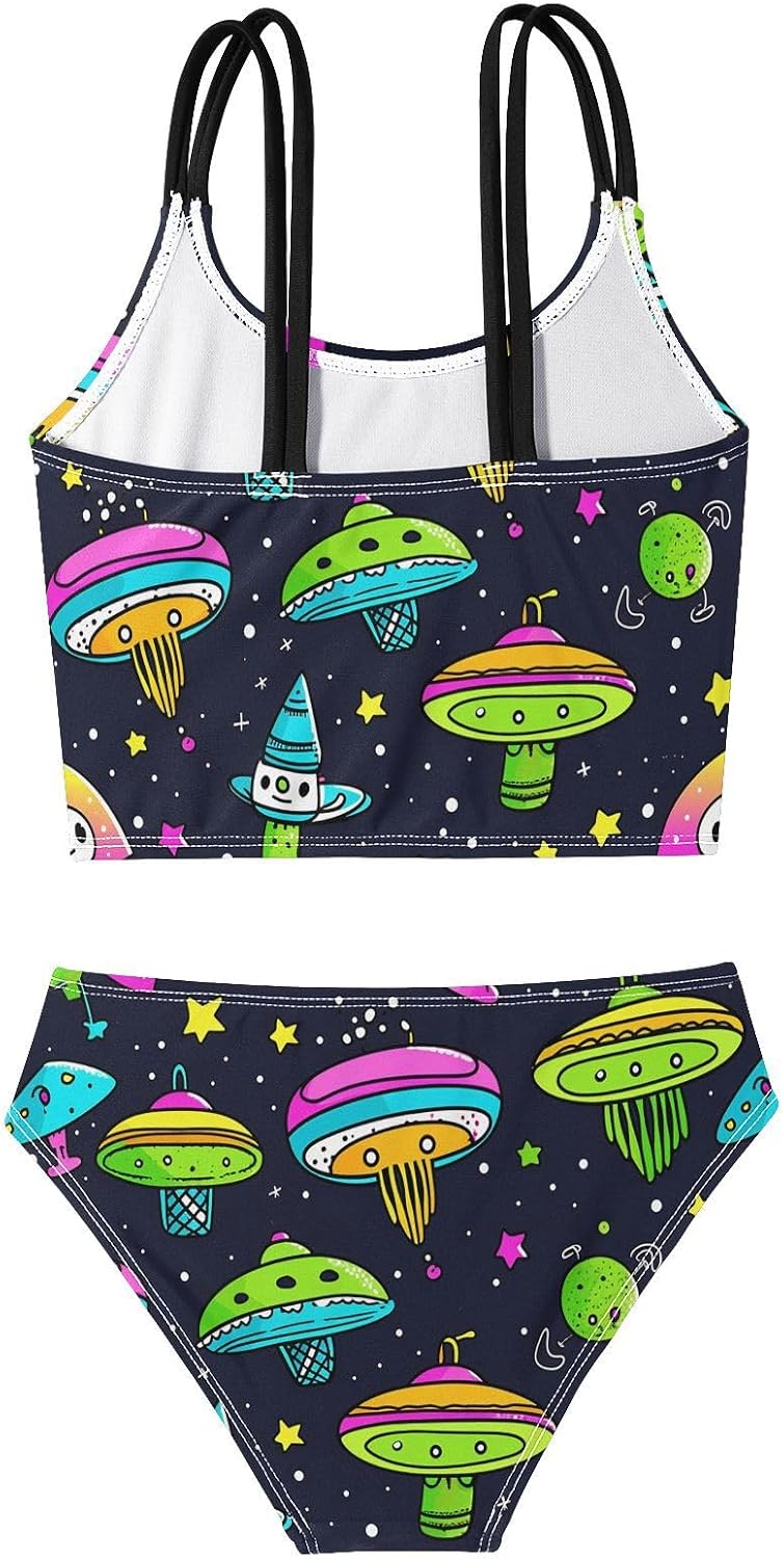 visesunny Girls Two Piece Swimsuits Cosmic Alien Patterns Girl's Bikini Sets Bathing Suits for Girls Size 5-12Y