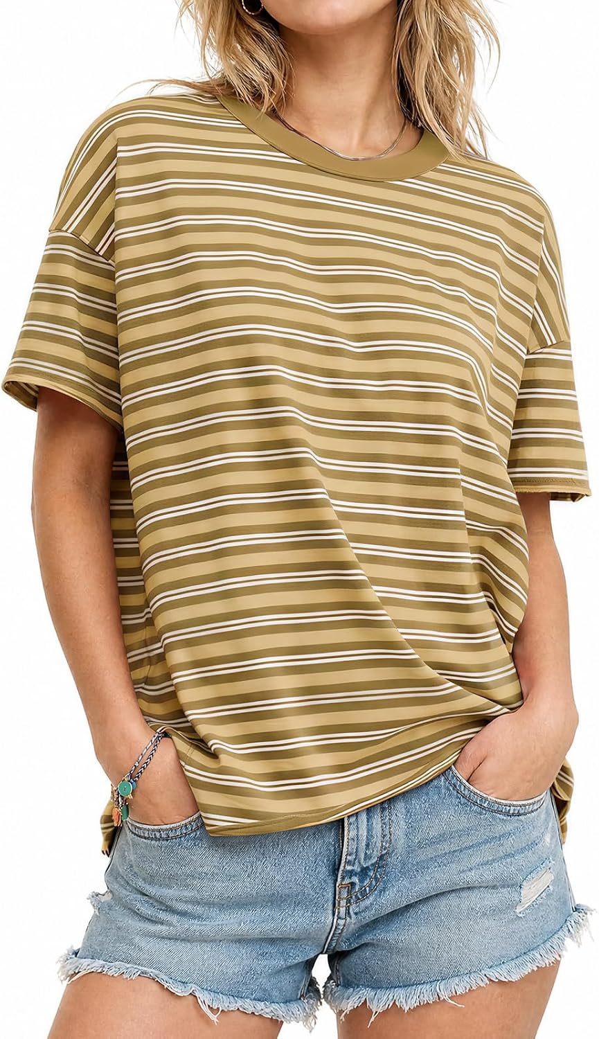 Fisoew Womens Striped T-Shirts Casual Short Sleeve Tee Color Block Drop Shoulder Workout Basic Tops Y2K Fashion 2026