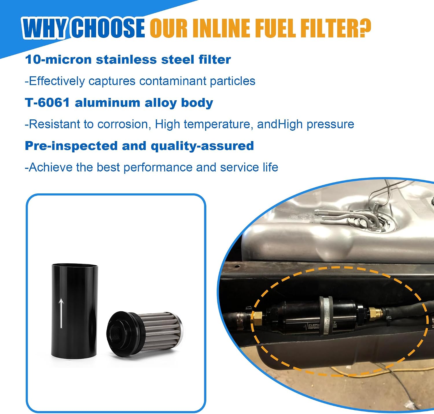 10 Micron Inline Fuel Filter with 6AN 8AN 10AN Adapter & 50MM Universal Bracket Clamp, Inline Fuel Filter 10 Micron - Black