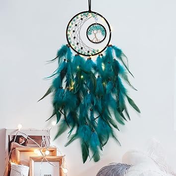 KHOYIME LED Dream Catcher Light Up Tree of Life Dreamcatcher with Healing Crystal Stone Handmade Feather Wall Hanging for Bedroom Bohemian Home Decor Wedding Ornament Craft Gift Blue&Green