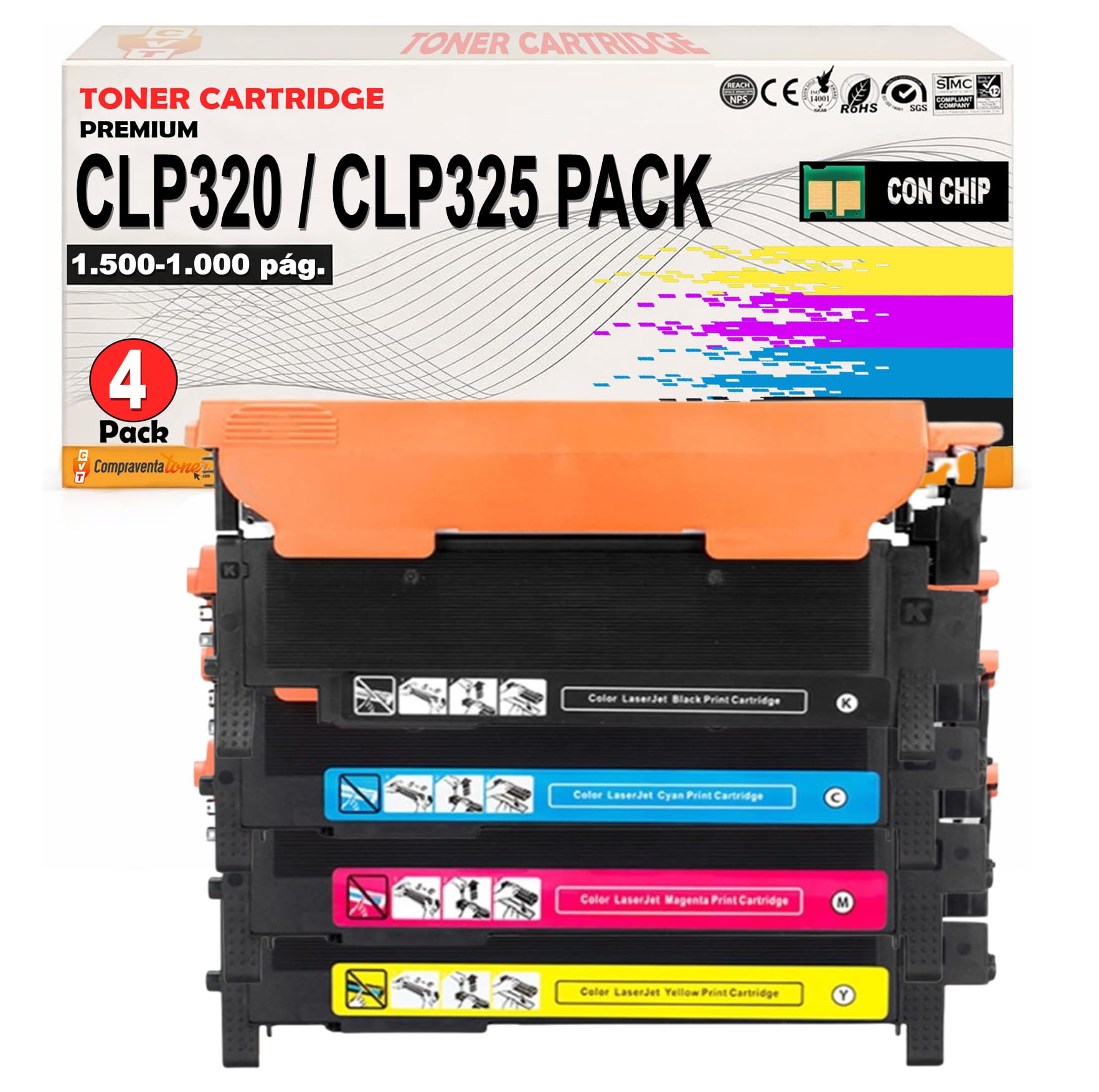CVT - Pack 4 Toner Compatibles genéricos CLP320 / CLP325 - para Samsung CLX3180 / CLX3185 / CLP 320 / CLP 325