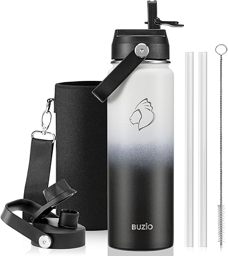 Miniatura 65 de BUZIO Botella de agua aislada de 24 oz, frasco de agua de boca ancha de acero inoxidable con tapa de pajita, frío durante 48 horas a prueba de