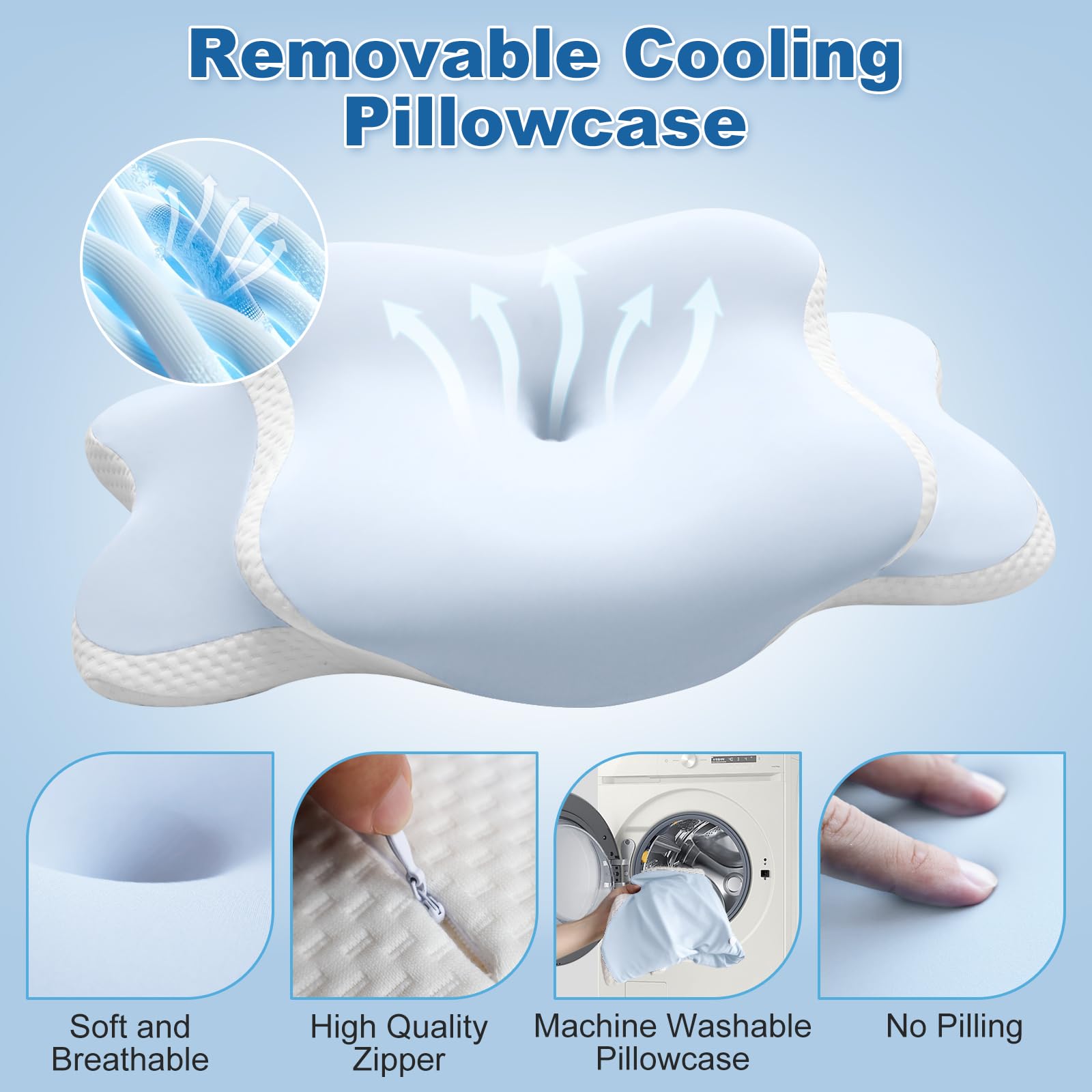Nackenkissen Kopfkissen - Ergonomisches Kopfkissen für Seiten, Rücken & Bauchschläfer, Memory Foam Kissen mit Kühlung Abnehmbare Kissenhülle （LightBlue）