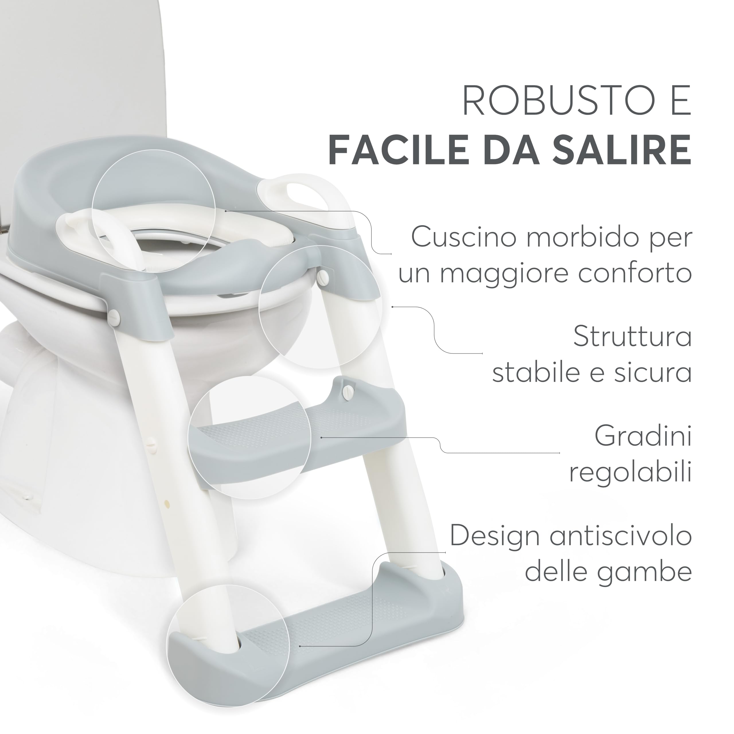 KikkaBoo Riduttore WC bambini con scaletta LEA, Educatore da toilette, Pieghevole e regolabile, Design anatomico, Imbottitura morbida rimovibile, Maniglie, Antiscivolo, 18+ mesi, Grigio