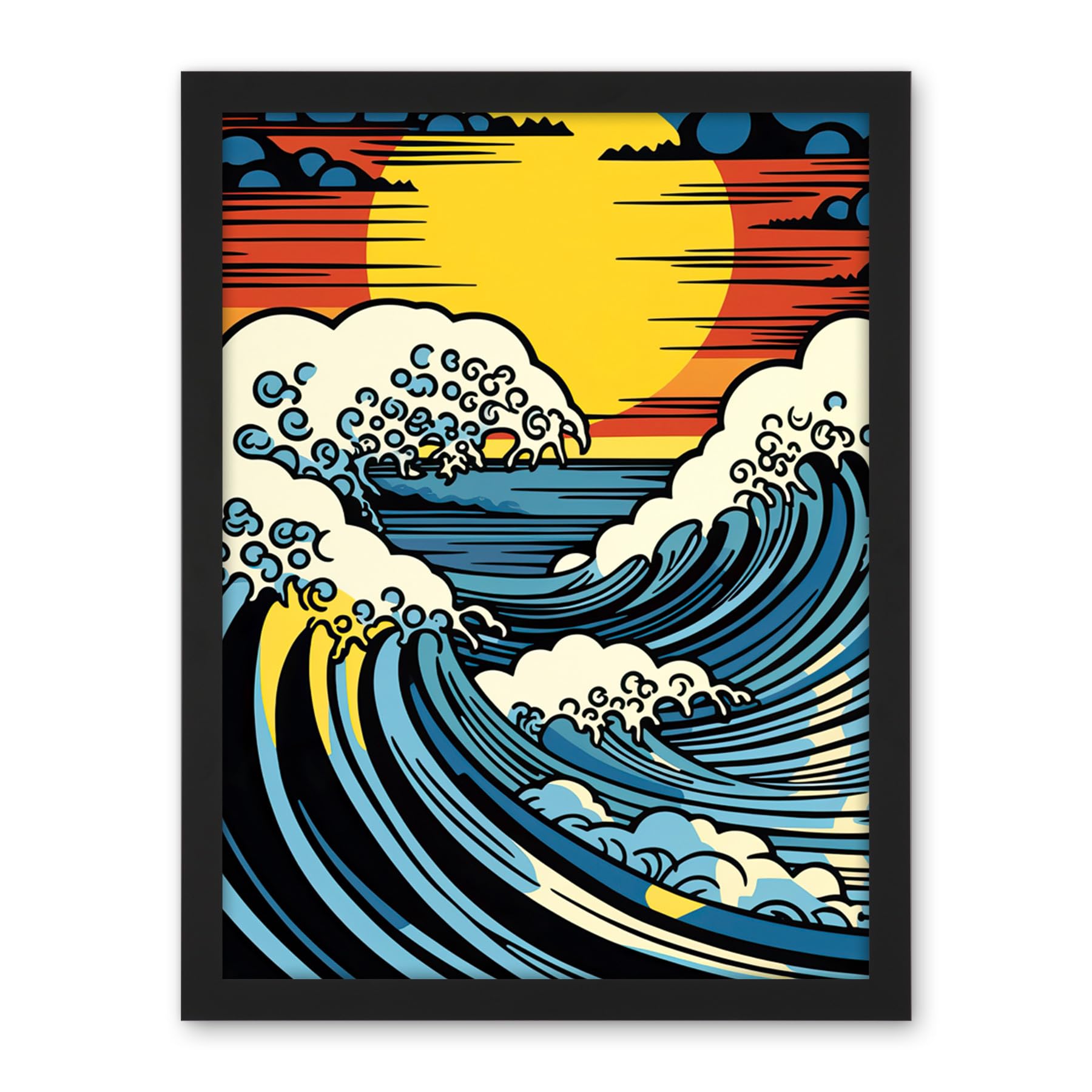 Artery8 Great Waves Linocut Comic Book Style Seascape Sunset Polka Dot Halftone Artwork Framed Wall Art Print 18X24 Inch