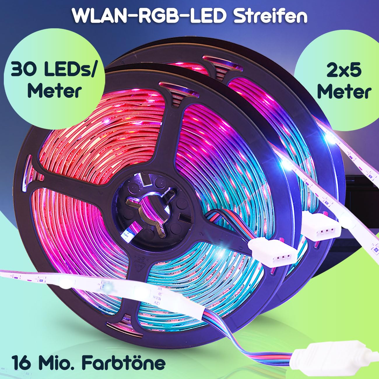 LED Streifen, WLAN, RGB, 10m, 300 LEDs, 16 Mio Farben, Fernbedienung, App-, Sprach- u. Musik-Steuerung, komp. zu Google, Siri, Alexa, Tuya