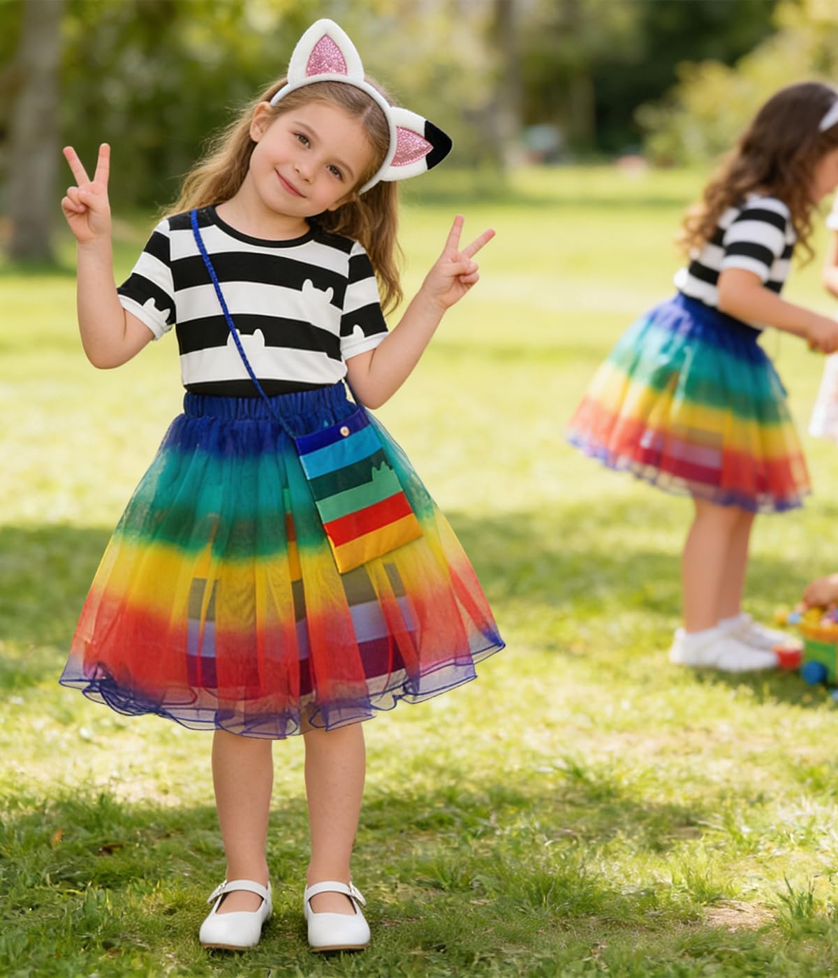 Girls Rainbow Tutu Dress Kids Cat Costume Birthday Outfits with Headband and Bag Christmas Party Dress Up 3-8Y