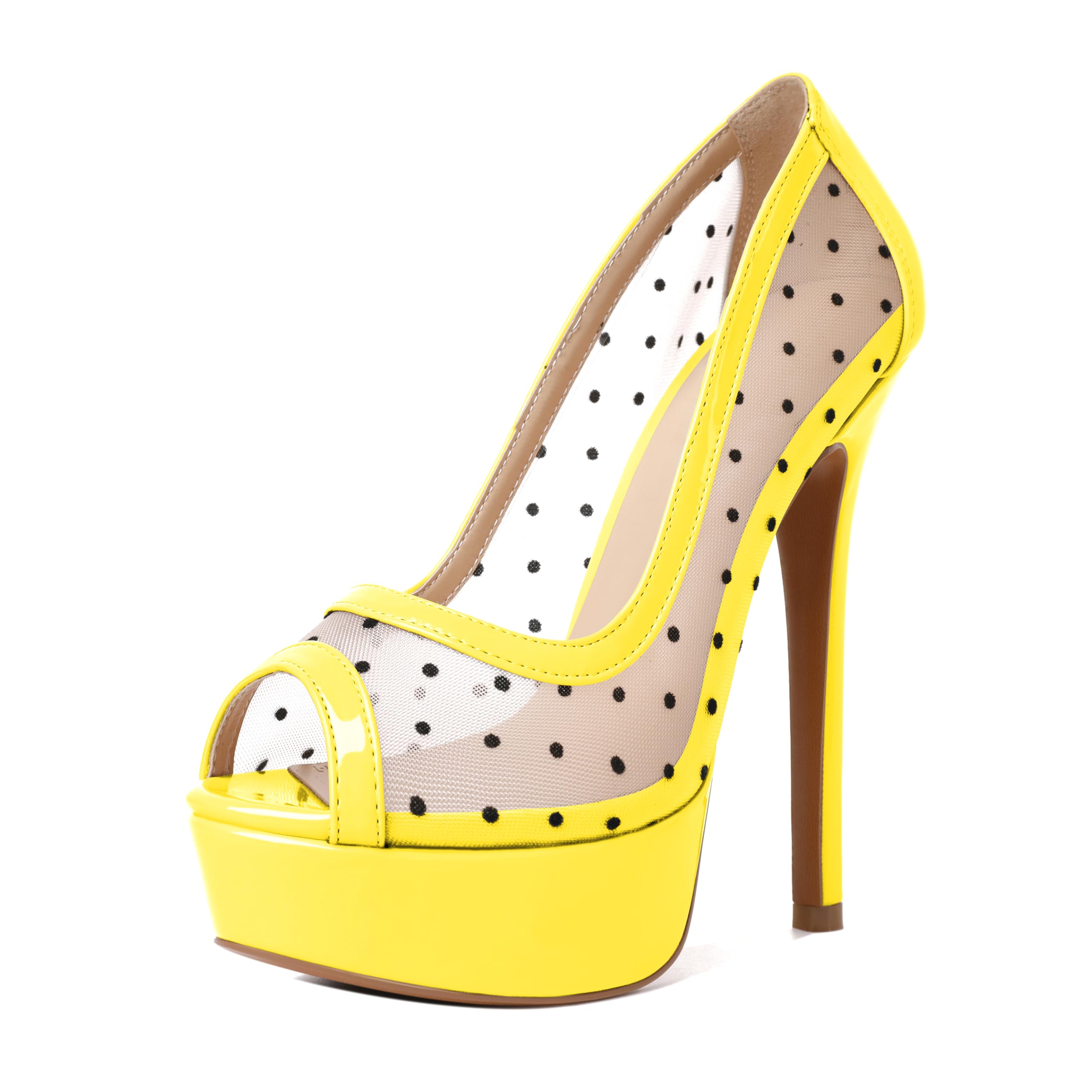AUMOTED Women's Peep Toe High Heel Platform Stiletto Pumps Slip On Patent Mesh Polka Dot Heels 5.5" Party Wedding Dress Shoes: 9 Yellow