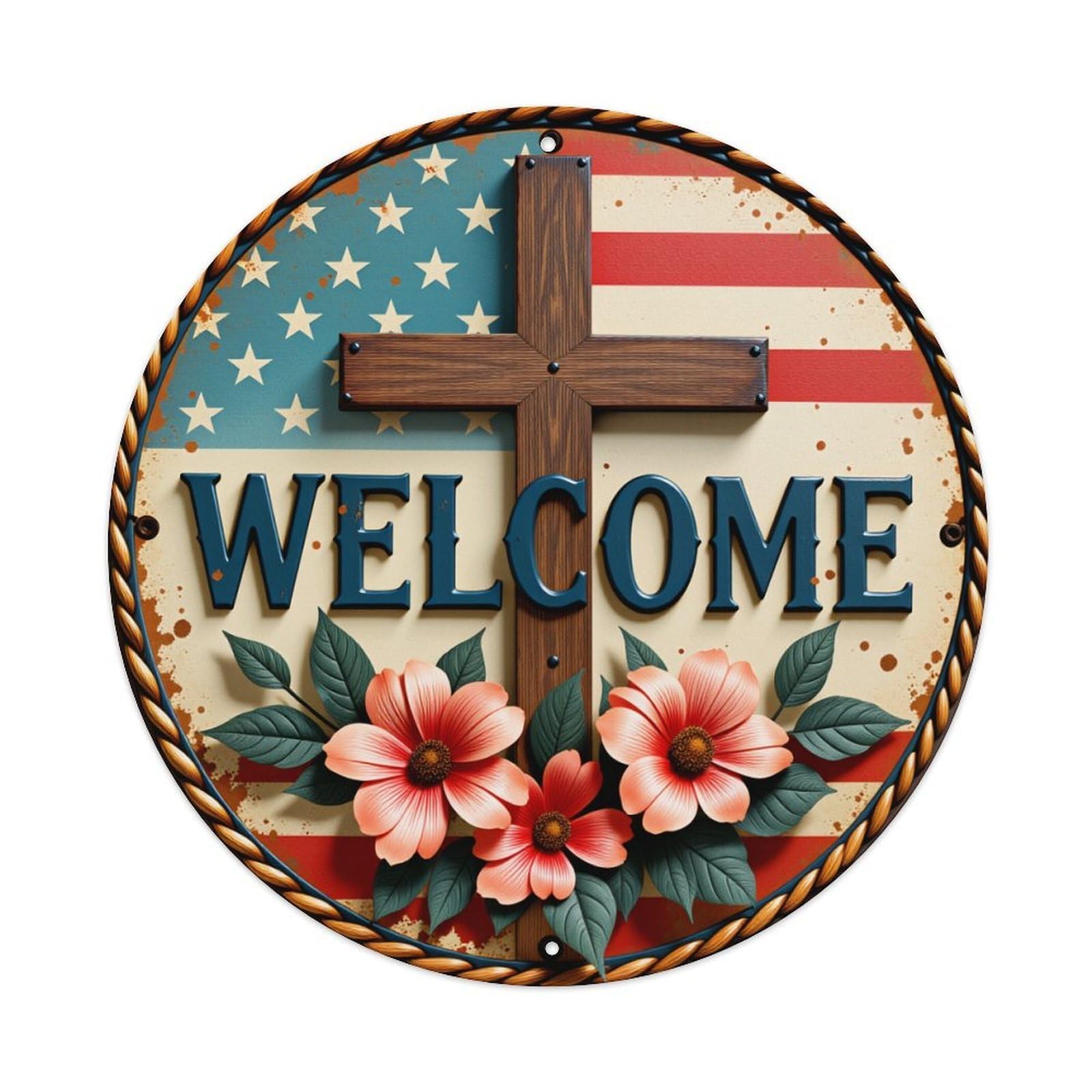 American Flag Cross Flowers Welcome Round Tin Sign Vintage Style Metal Sign Home Bar Garden Wall Plaque Decor Metal Poster 8x8 Inch