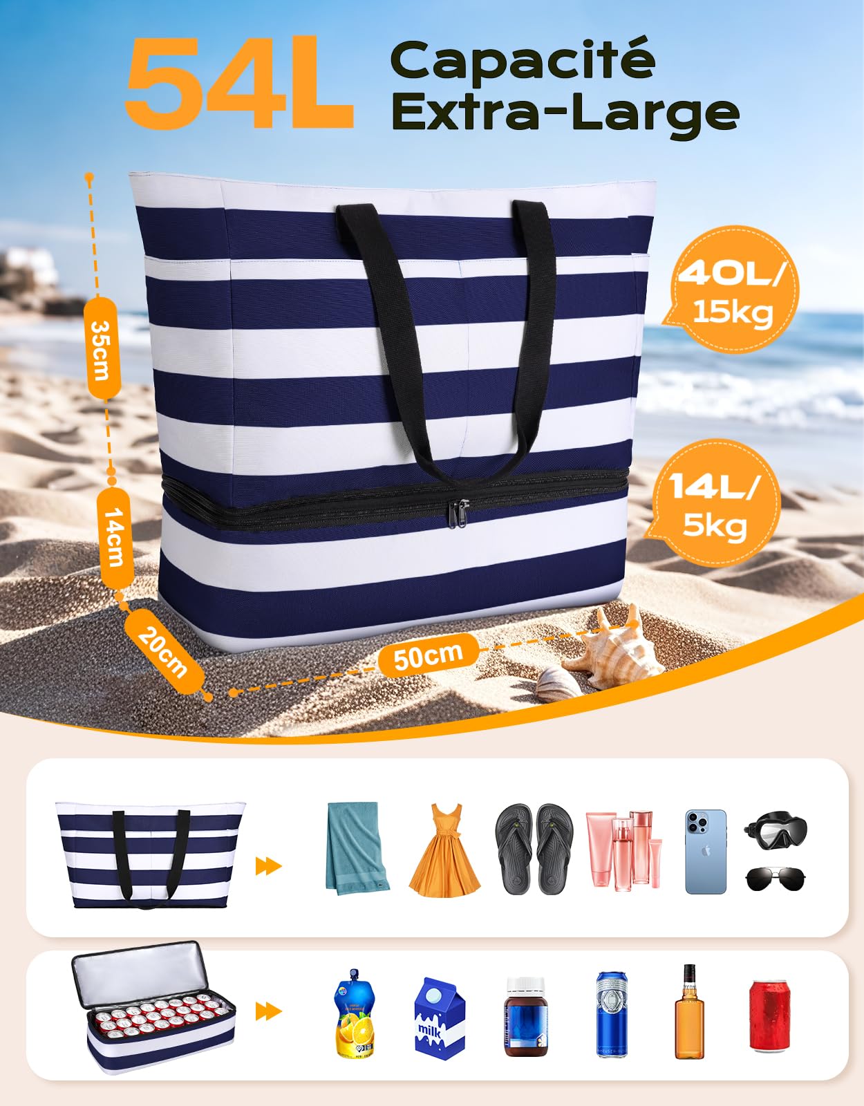 CIRYCASE Grand Sac de Plage XXL Isotherme 54L Cabas Voyage Femme Pliable Étanche Compartiment Sec-Humide Sac Fourre Tout Sport Vacance