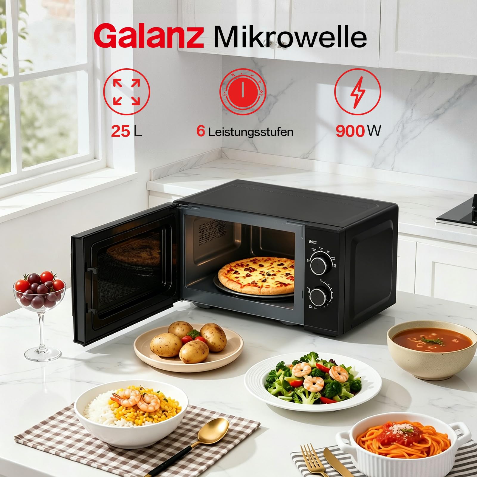 Galanz 25L Mikrowelle Freistehend mit Drehteller:Solo Microwellengerät 900 Watt 6 Leistungsstufen inklusive Auftaufunktion Einfache Bedienung - Schwarz