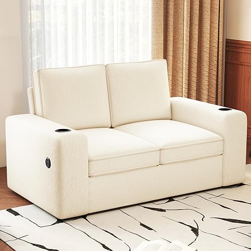 Furnimart 58" Wide Plush Loveseat, 2-Seater Sofa with Dual-Port USB Charger & Cup Holders, Terry Fabric, Modern Accent Couch for Small Spaces, Apartment, Living Room(Terry-Beige)